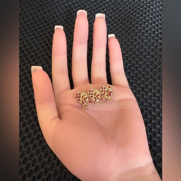 Vintage Unisex Gold-Tone Three Turkeys Brooch Pin with Red Rhinestones - Picture 5 of 10